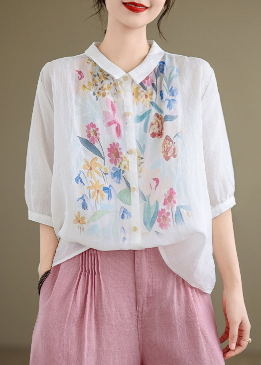 White Button Linen Shirt Peter Pan Collar Summer