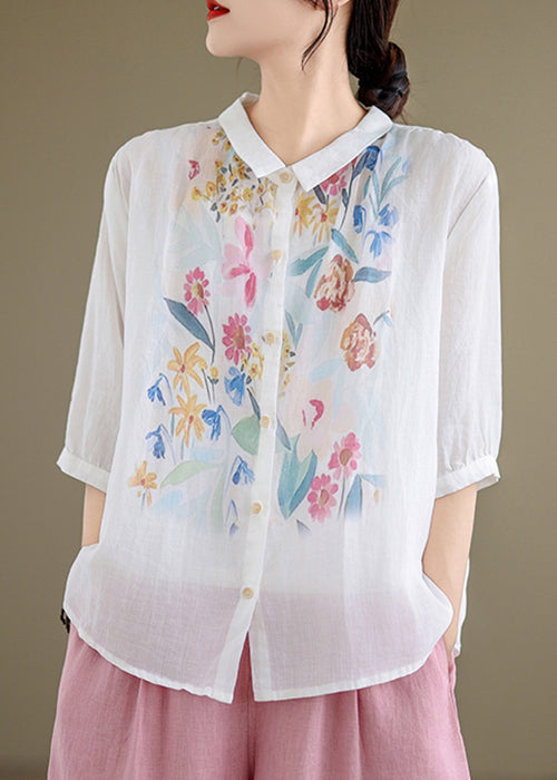 White Button Linen Shirt Peter Pan Collar Summer