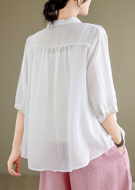 White Button Linen Shirt Peter Pan Collar Summer