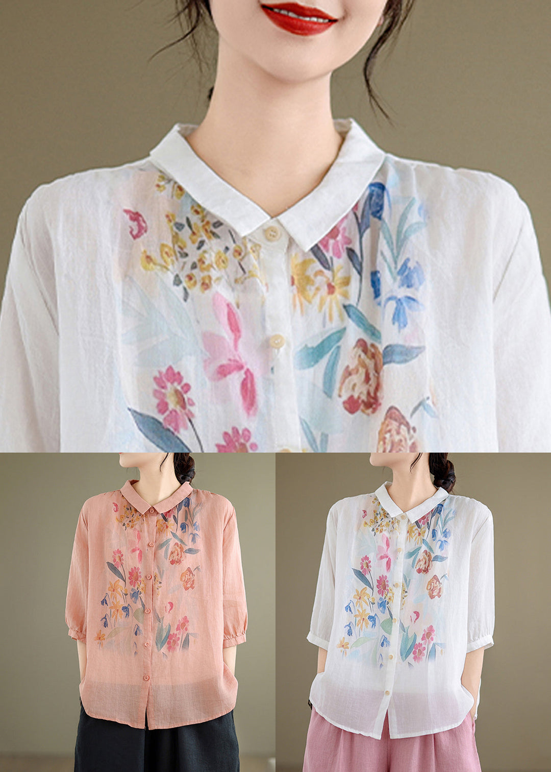 White Button Linen Shirt Peter Pan Collar Summer