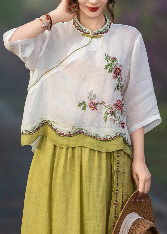 White Button Patchwork Linen Blouses Embroidered Summer