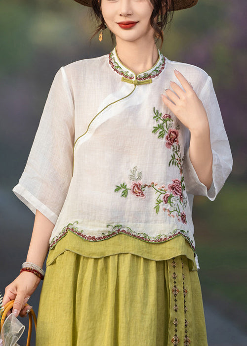 White Button Patchwork Linen Blouses Embroidered Summer