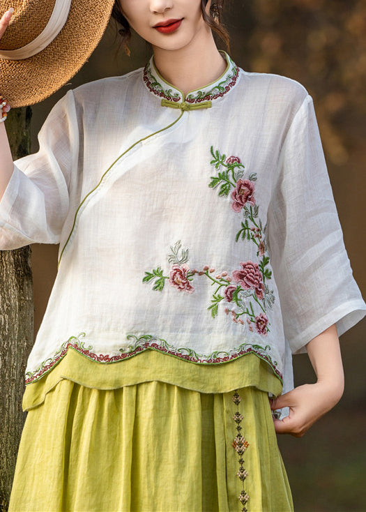 White Button Patchwork Linen Blouses Embroidered Summer