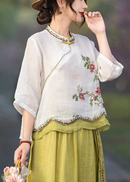 White Button Patchwork Linen Blouses Embroidered Summer