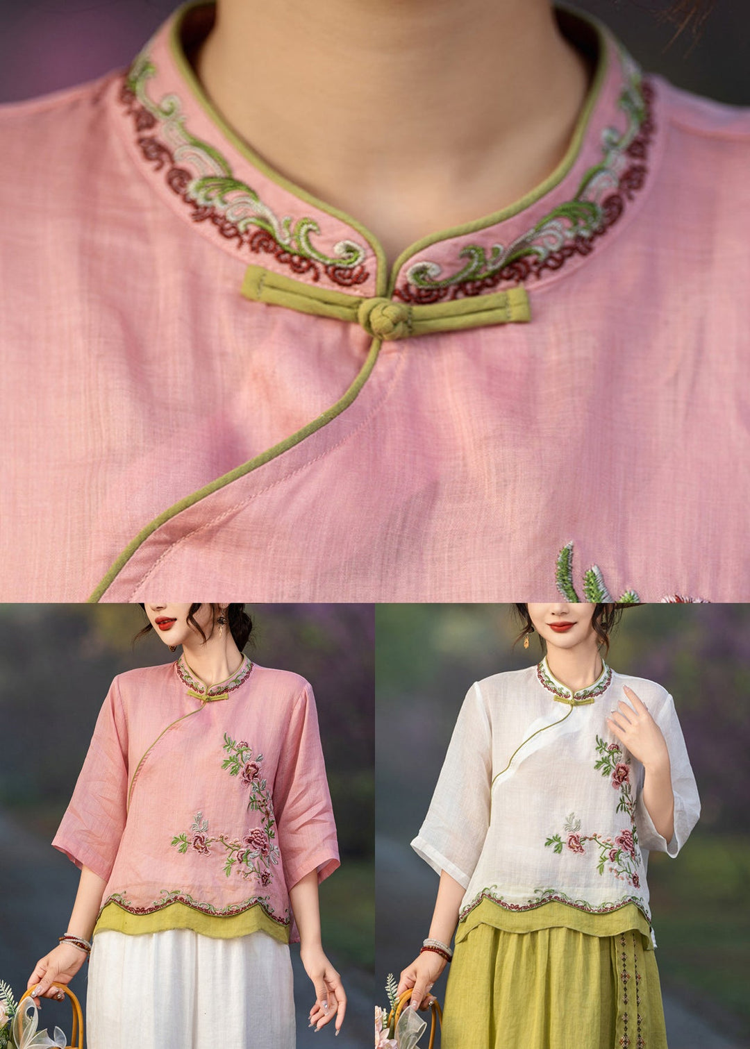 White Button Patchwork Linen Blouses Embroidered Summer