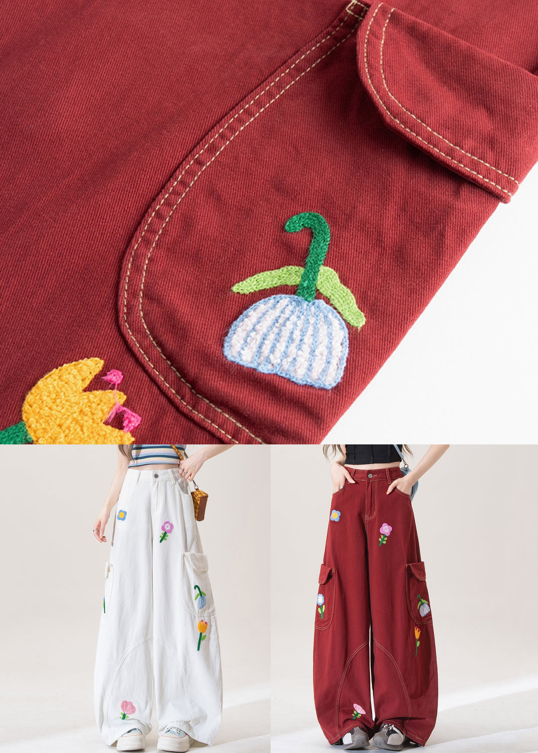 White Button Pockets High Waist Denim Pants Floral