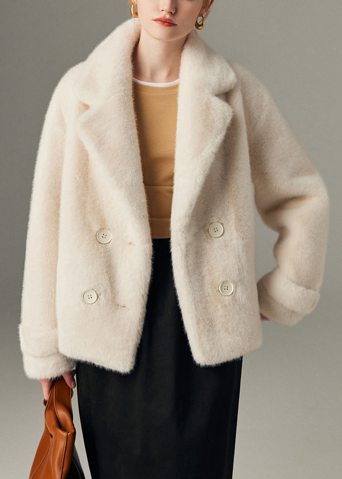 White Button Pockets Mink Hair Winter Coats Notched