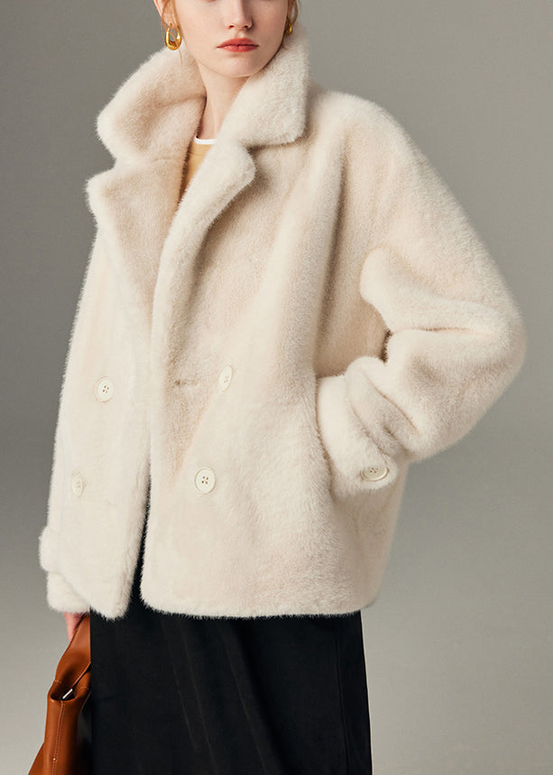 White Button Pockets Mink Hair Winter Coats Notched