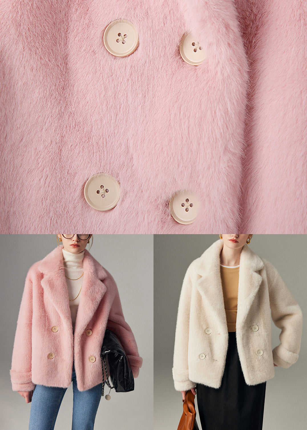 White Button Pockets Mink Hair Winter Coats Notched