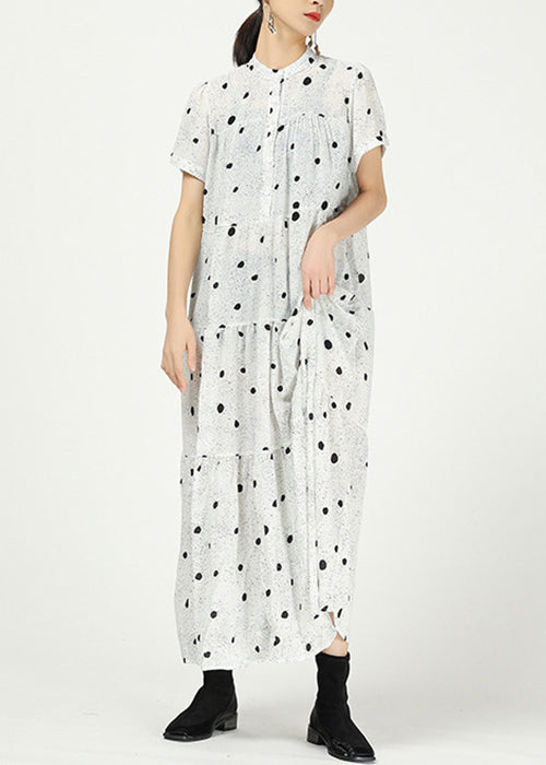 White Button Print Cotton Long Dress Stand Collar Summer