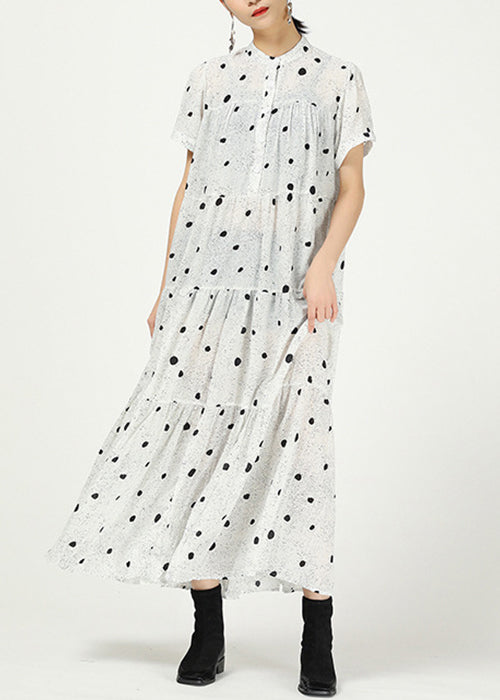 White Button Print Cotton Long Dress Stand Collar Summer