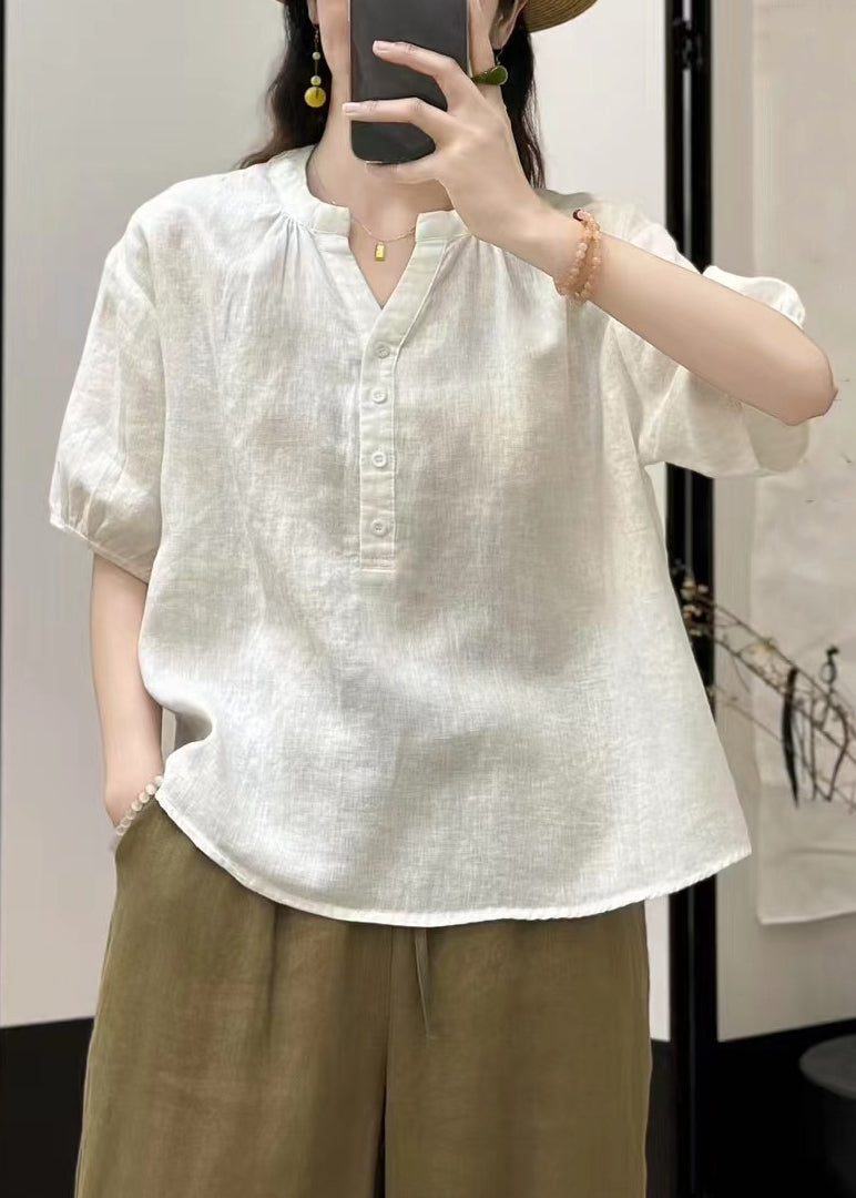 White Button Solid Linen Summer Shirts V Neck