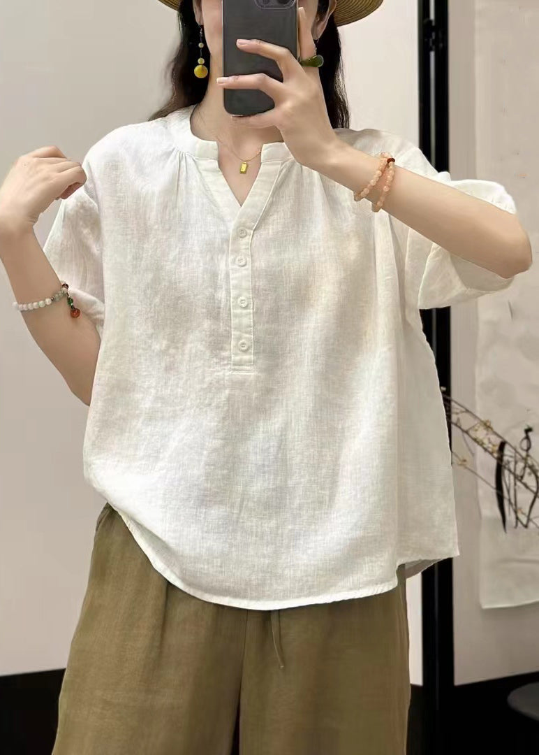 White Button Solid Linen Summer Shirts V Neck
