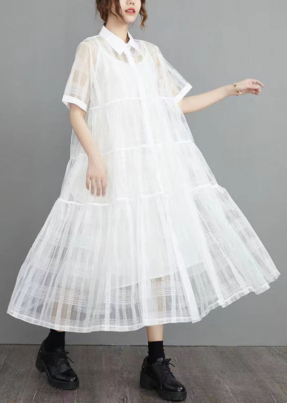 White Button Tulle Two Pieces Set Peter Pan Collar Summer