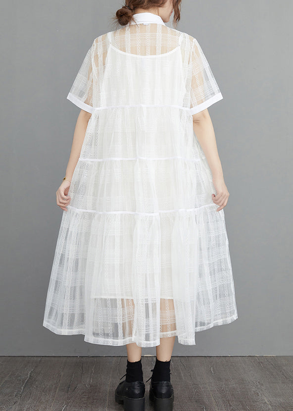 White Button Tulle Two Pieces Set Peter Pan Collar Summer