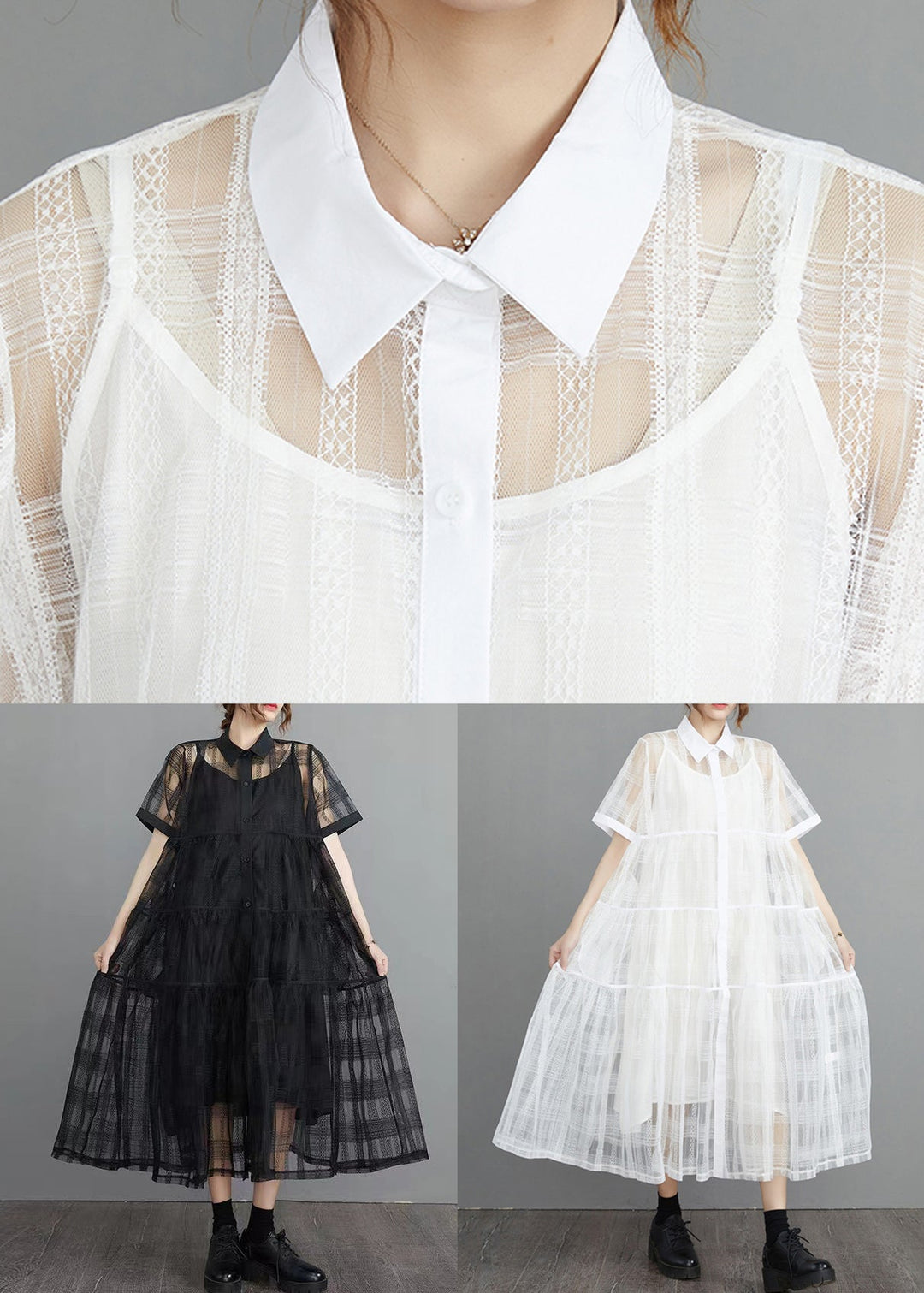 White Button Tulle Two Pieces Set Peter Pan Collar Summer