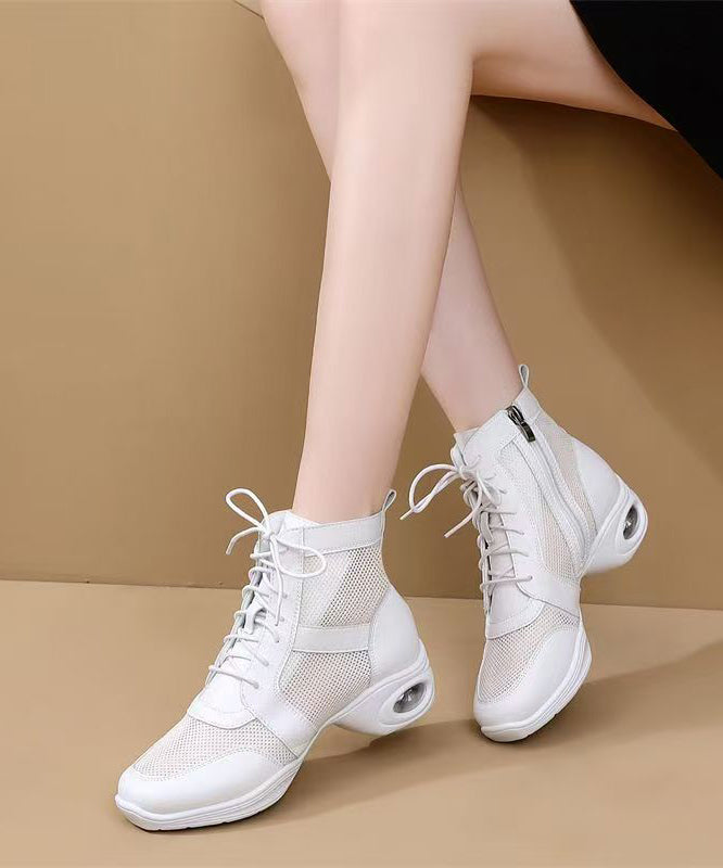 White Chunky Breathable Mesh Women Splicing Boots Lace Up