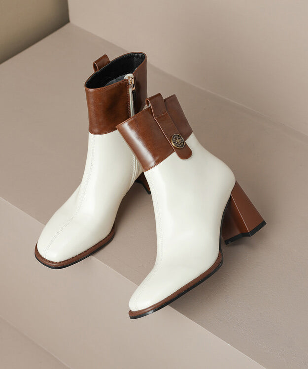 White Chunky Cowhide Leather Classy Splicing Boots