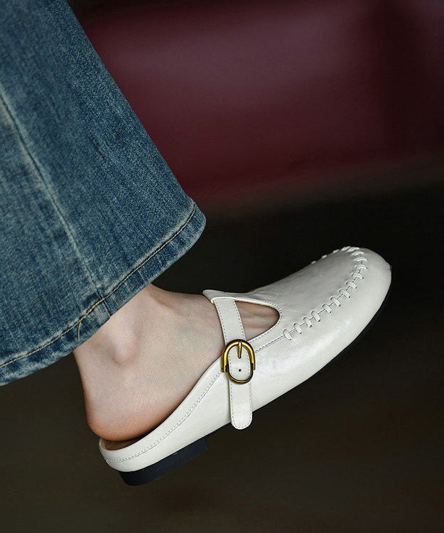 White Cowhide Leather Comfortable Hollow Out Thong Sandals