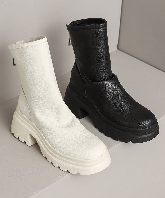 White Cowhide Leather Splicing Chic Chunky Boots