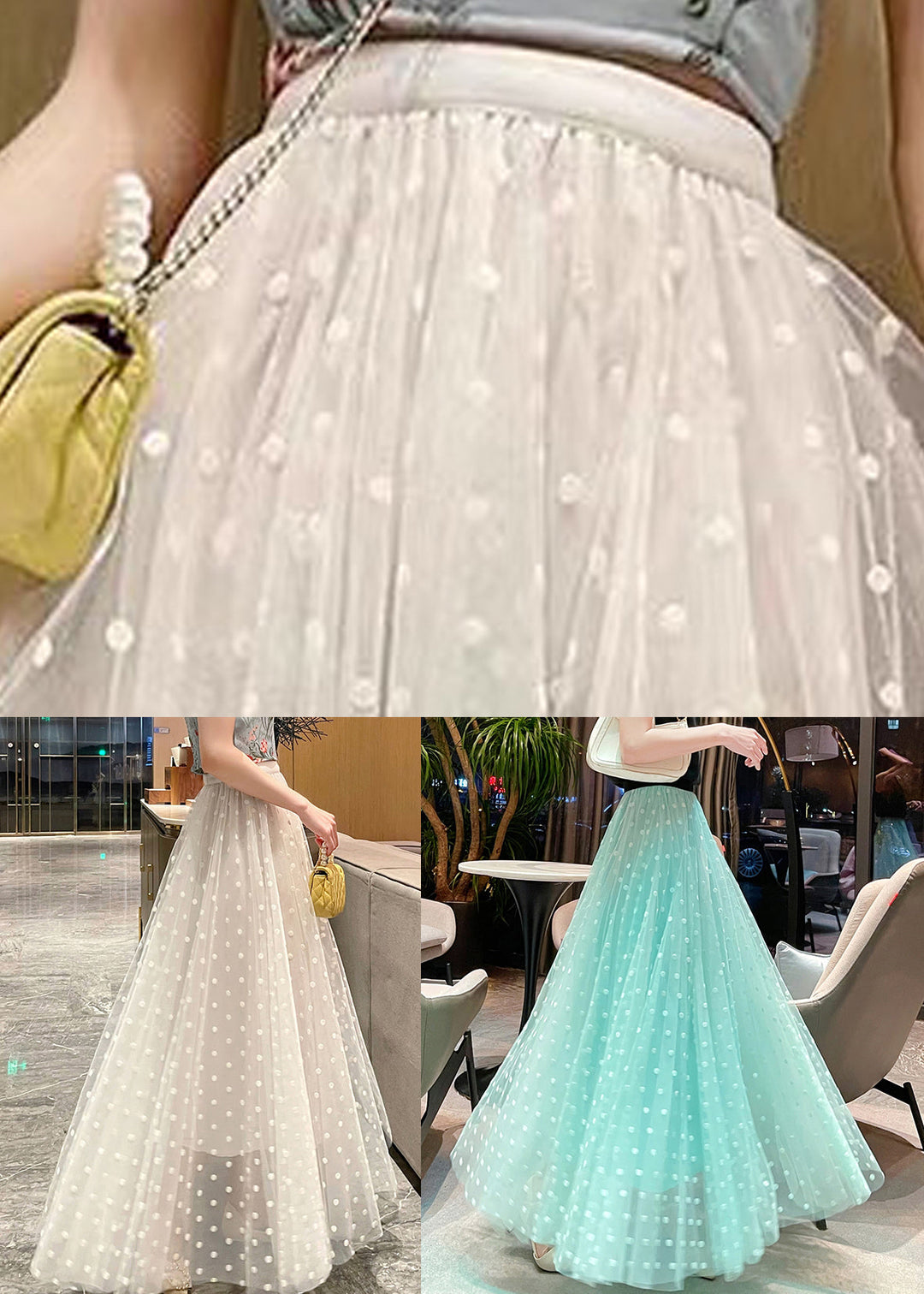 White Dot Tulle Exra Large Hem Skirts Elastic Waist