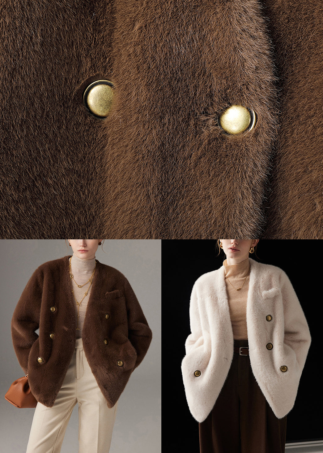 White Double Breast Pockets Mink Hair Winter Coat V Neck