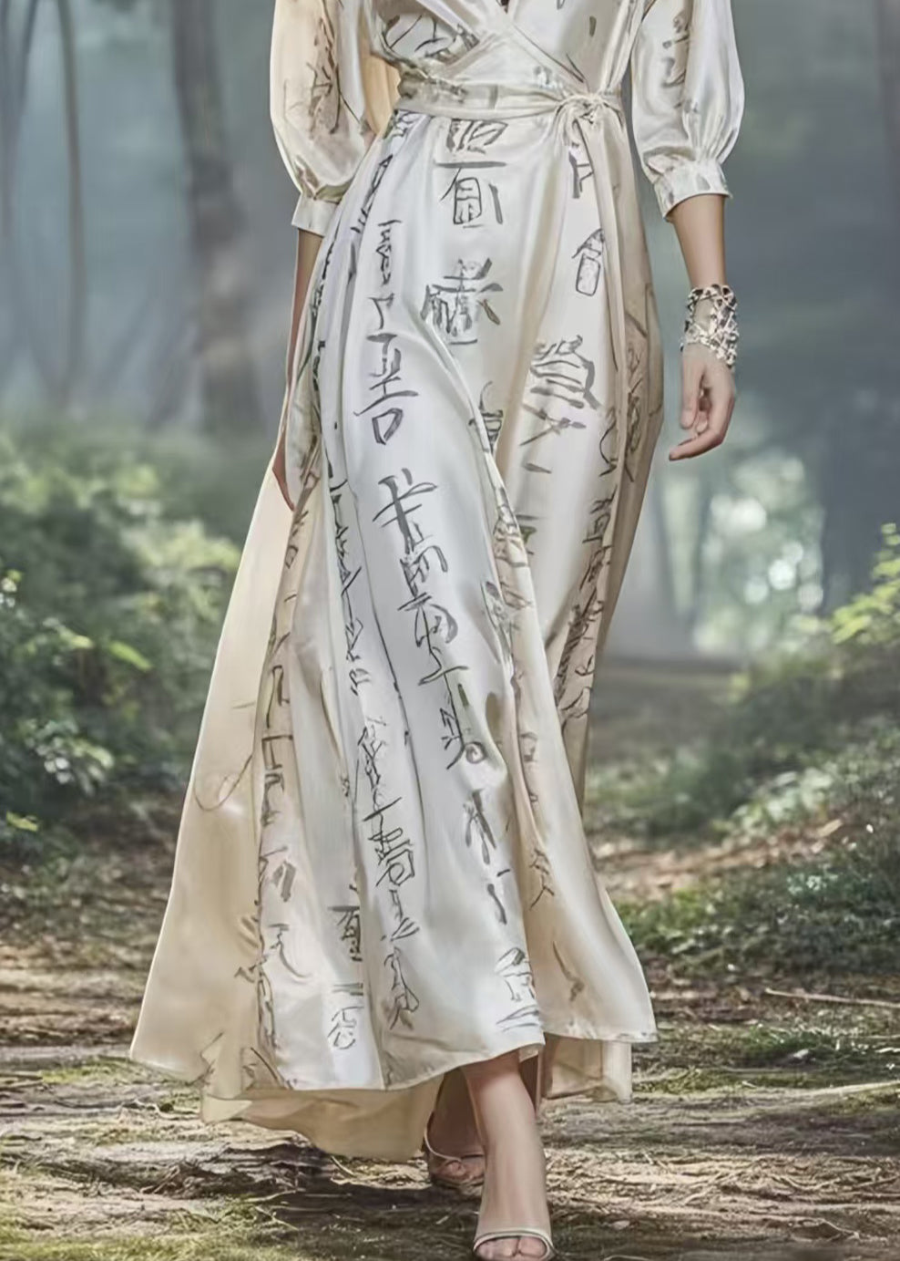 White Draping Silk Robe Dresses Cinched Exra Large Hem Bracelet Sleeve