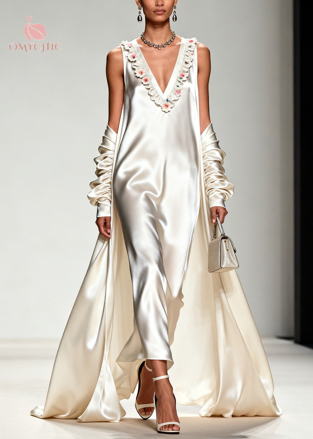 White Draping Silk Vacation Dresses V Neck Exra Large Hem Summer