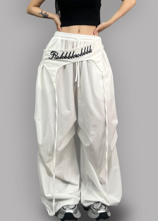 White Drawstring High Waist Cotton Wide Leg Pants Asymmetrical
