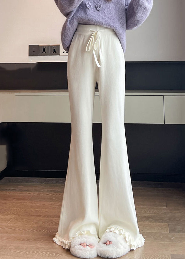 White Elastic Waist Knit Flared Trousers Ruffled