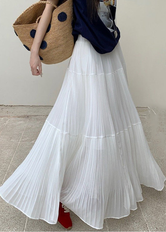 White Elastic Waist Solid Chiffon Maxi Skirts Wrinkled