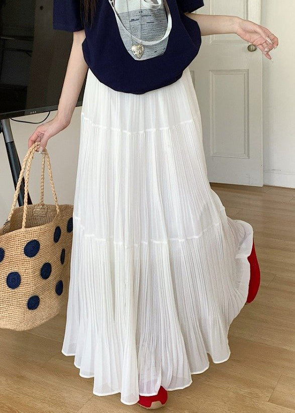 White Elastic Waist Solid Chiffon Maxi Skirts Wrinkled
