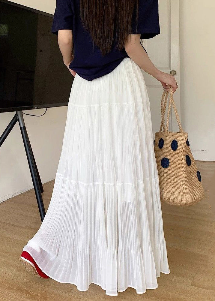 White Elastic Waist Solid Chiffon Maxi Skirts Wrinkled