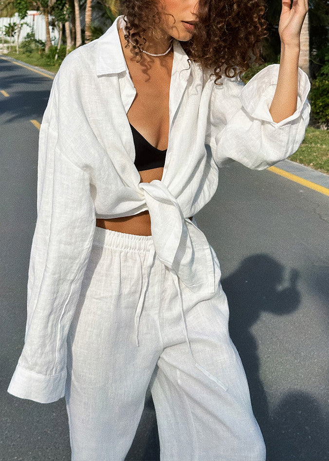 White Elastic Waist Solid Cotton Two Pieces Set Peter Pan Collar