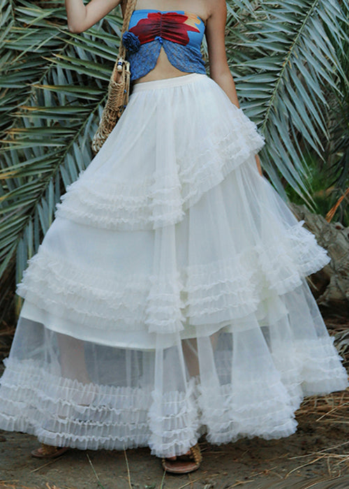 White Elastic Waist Solid Tulle Summer Maxi Skirts Ruffled