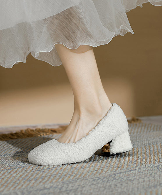 White Faux Fur Splicing Chunky High Heels Fuzzy Wool Lined