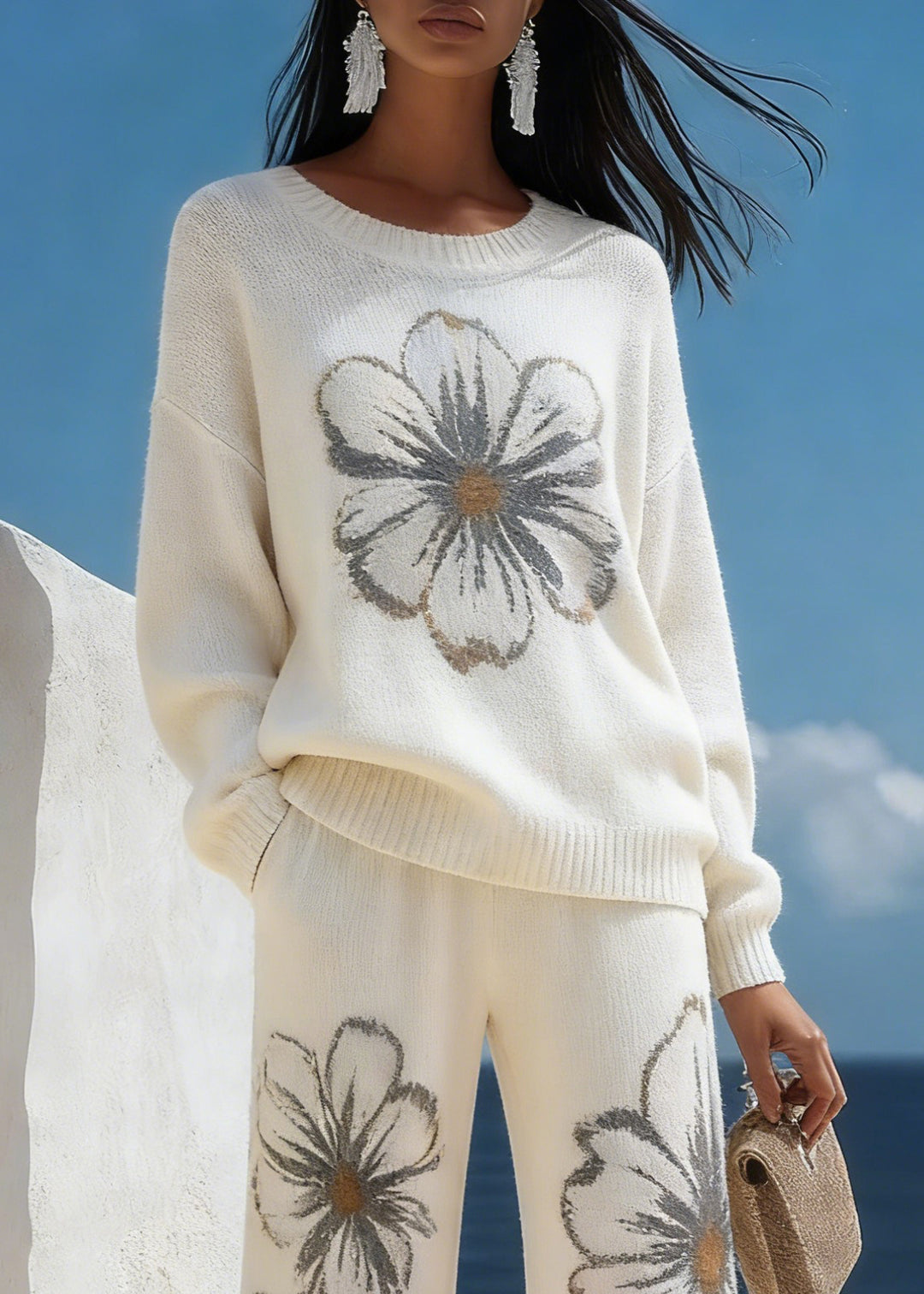 White Floral Cozy Knit Two Piece Suit Set O-Neck Spring - Omychic