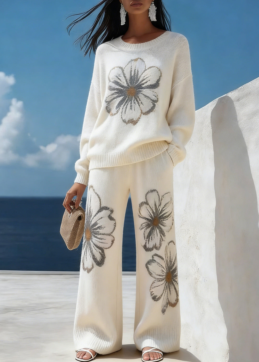 White Floral Cozy Knit Two Piece Suit Set O-Neck Spring - Omychic