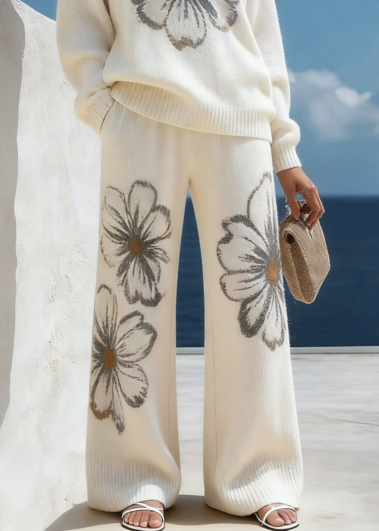 White Floral Cozy Knit Two Piece Suit Set O-Neck Spring - Omychic
