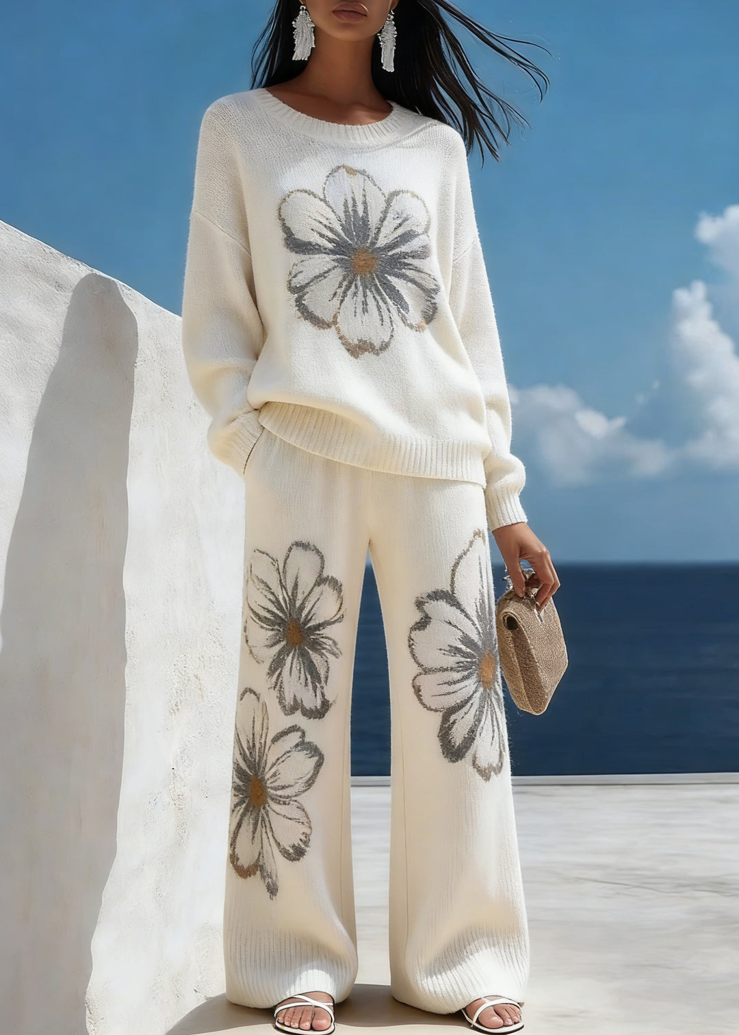 White Floral Cozy Knit Two Piece Suit Set O-Neck Spring - Omychic