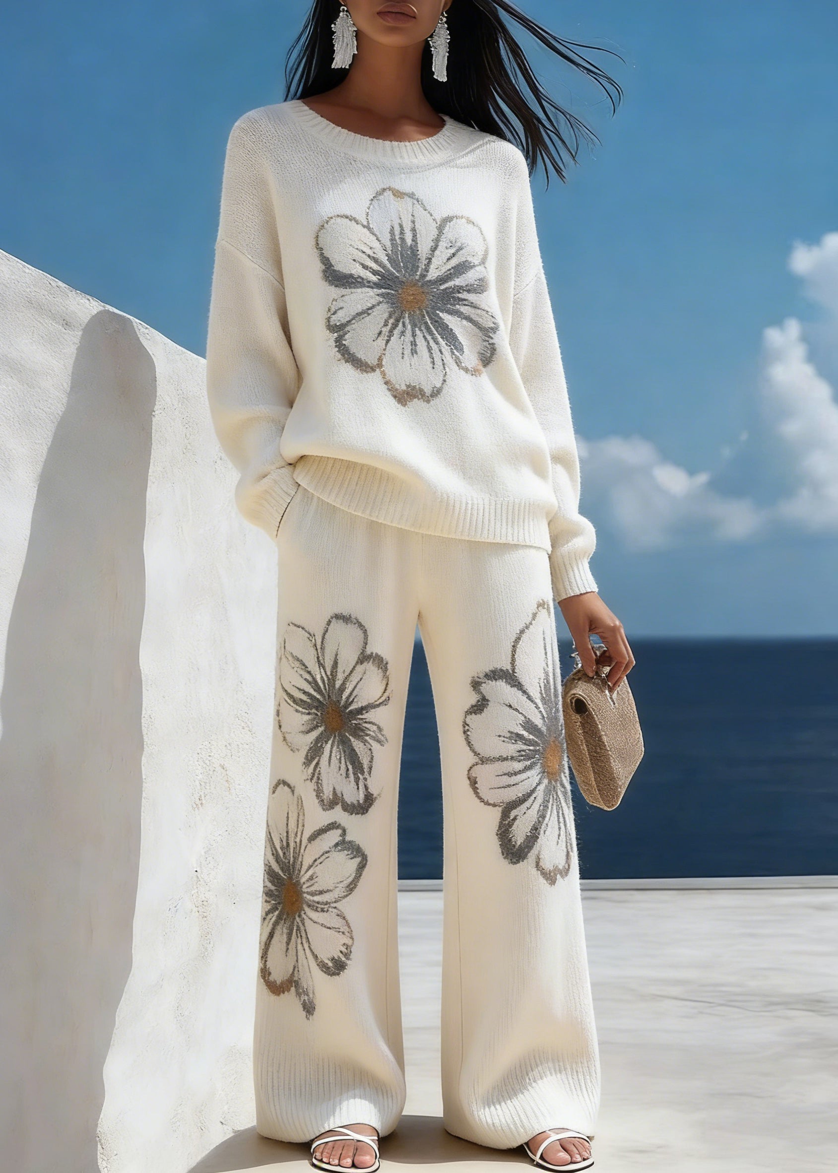 White Floral Cozy Knit Two Piece Suit Set O-Neck Spring - Omychic