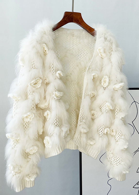 White Floral Hollow Out Mink Hair Knitted Coat Winter