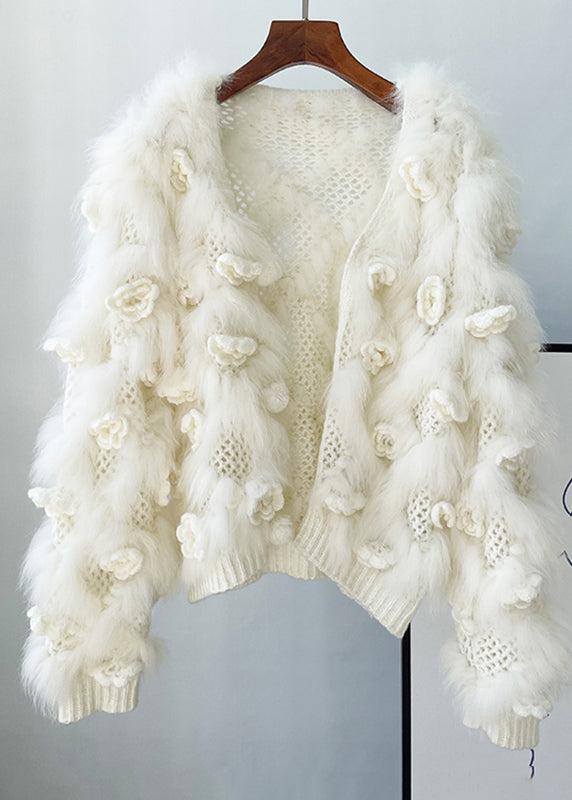 White Floral Hollow Out Mink Hair Knitted Coat Winter