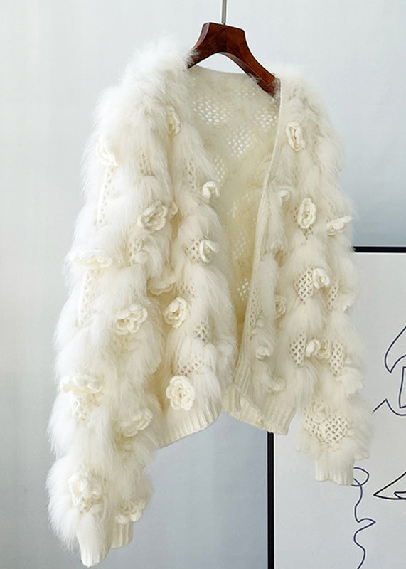 White Floral Hollow Out Mink Hair Knitted Coat Winter