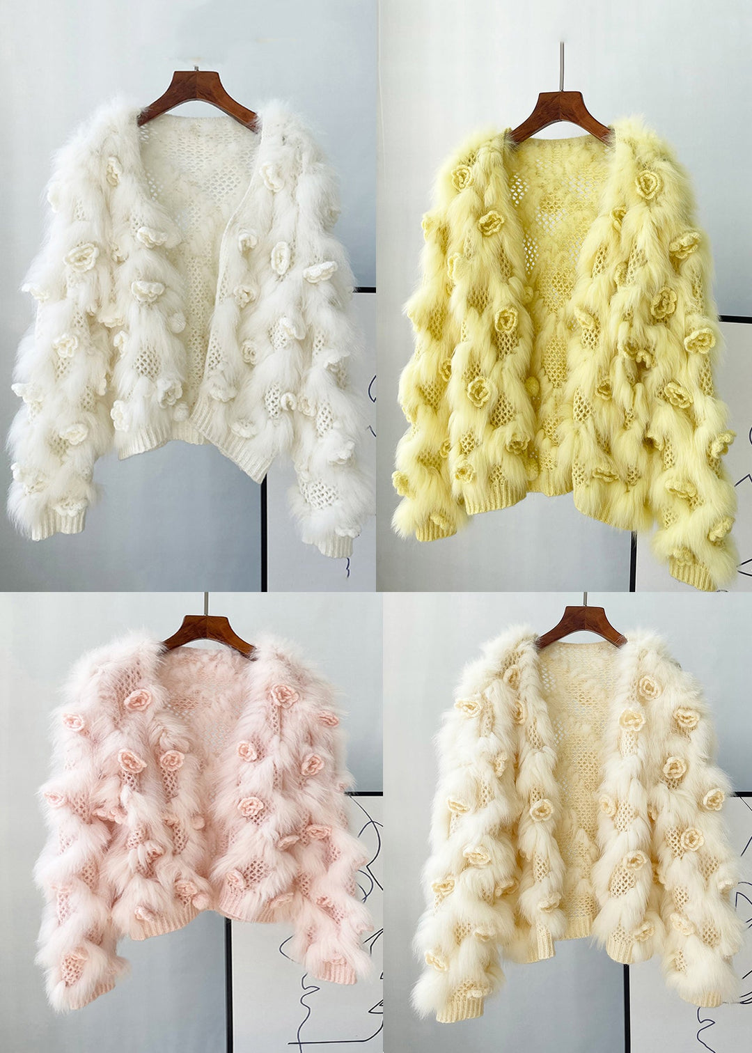 White Floral Hollow Out Mink Hair Knitted Coat Winter