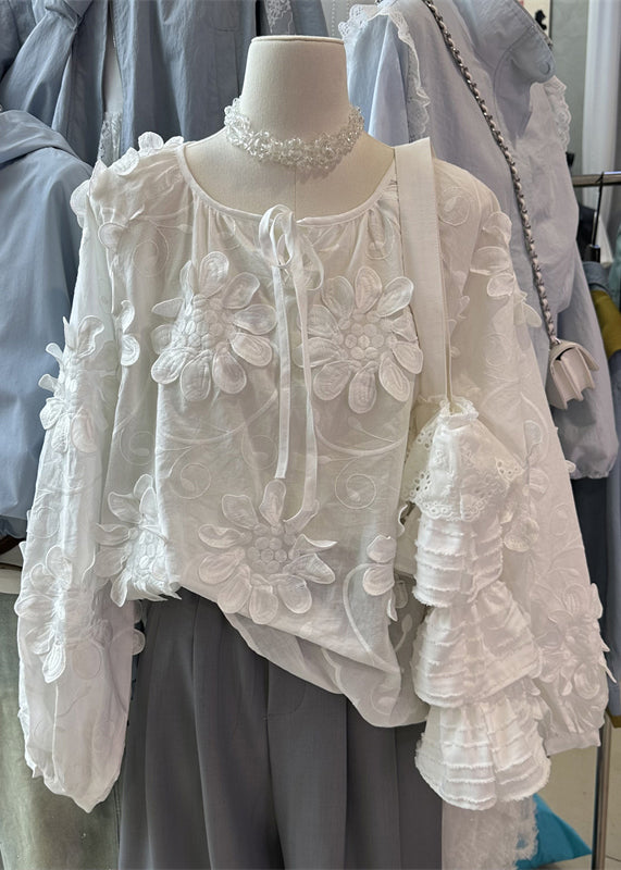 White Floral Lace Up Cotton Blouses Top O Neck Fall