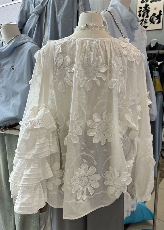 White Floral Lace Up Cotton Blouses Top O Neck Fall