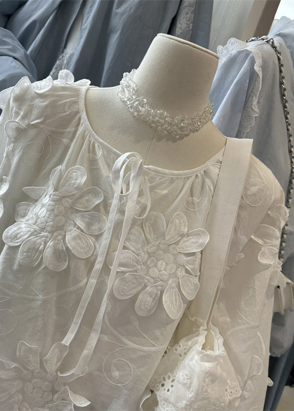 White Floral Lace Up Cotton Blouses Top O Neck Fall