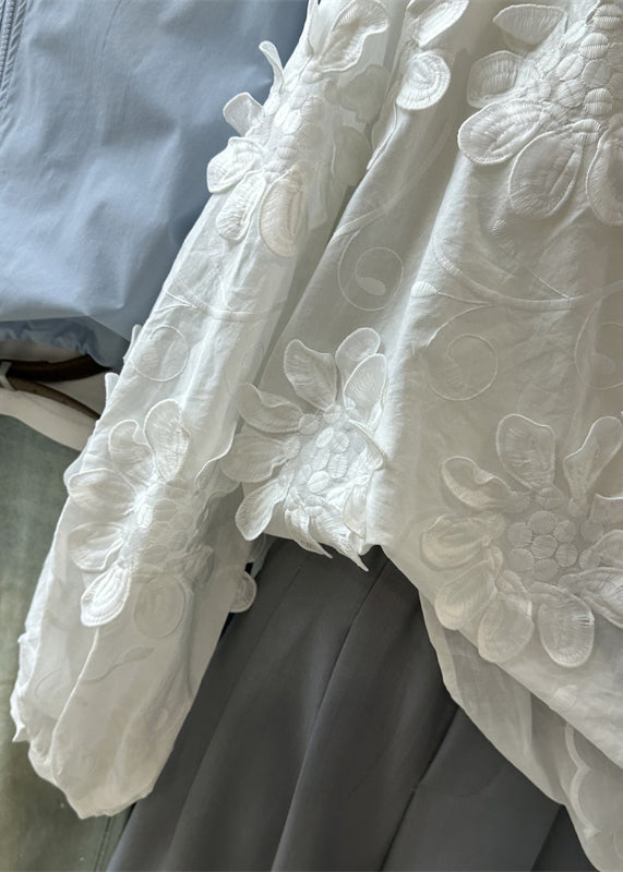 White Floral Lace Up Cotton Blouses Top O Neck Fall