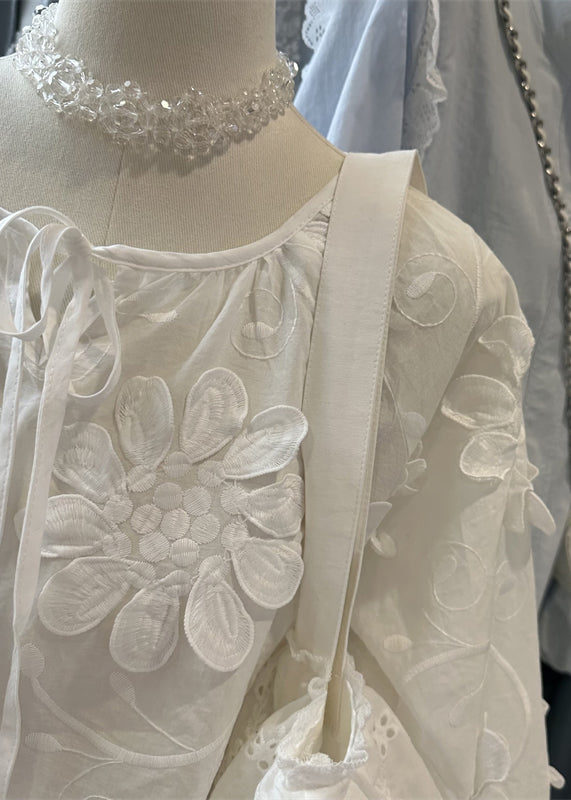 White Floral Lace Up Cotton Blouses Top O Neck Fall